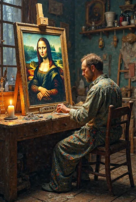 {
  "prompt": "A surreal and artistic scene depicting Vincent van Gogh in his studio, passionately painting the Mona Lisa on a canvas. The painting style on the canvas mimics van Gogh's signature post-impressionist brushstrokes with bold, swirling textures...