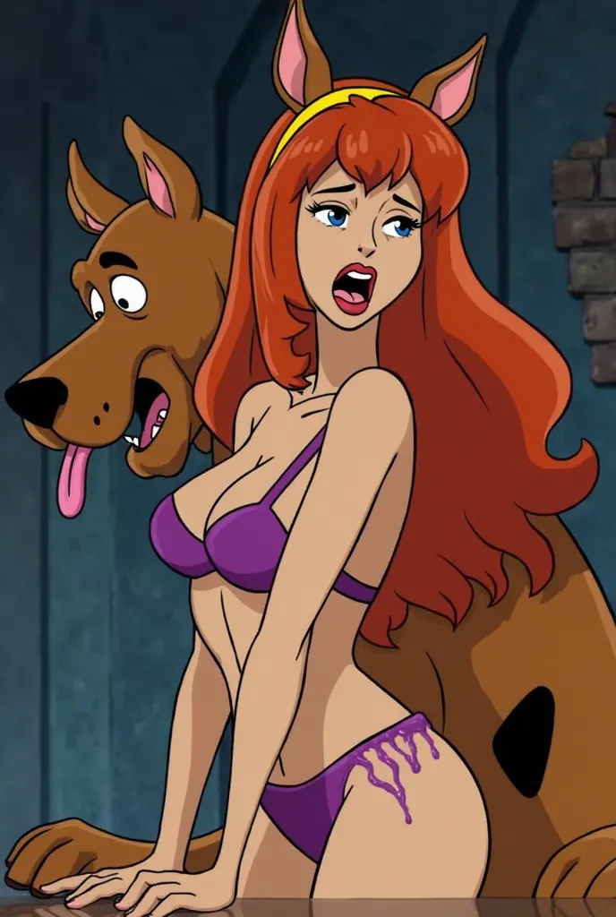 Daphne Blake naked, medium breast,  bent over a table transforming into a dog with dog ears, a panting dog tongue, a dog tail, a dog nose, dog paws, dog hands, dog feet, and dog arms as Scooby-Doo looms over her having anal sex with her from behind. Long H...