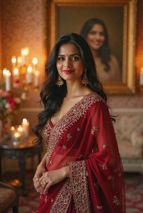 Here’s a detailed prompt describing this image in the context of an Indian wedding setting:

Prompt:
"A stunning Indian woman dressed in an elegant deep red traditional outfit with intricate gold embroidery stands gracefully in a beautifully decorated wedd...