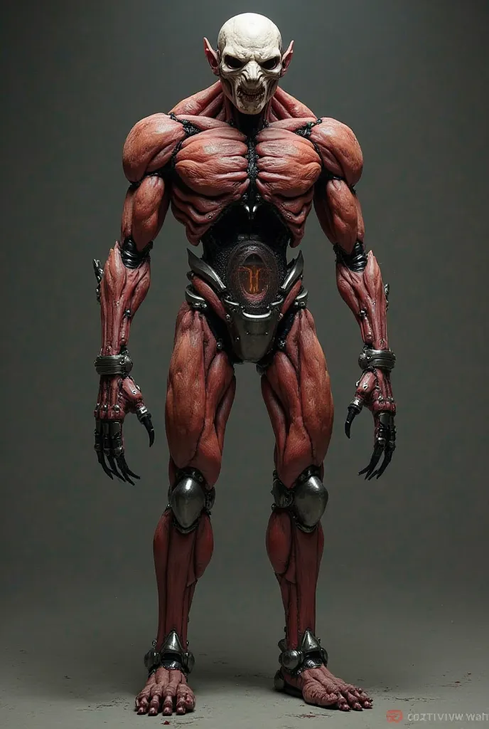 Experiment 397 – The Failed Android Prototype

Height: 9.7 meters (31.8 feet)
Body Type: A grotesque fusion of raw, exposed muscle and cybernetics
Arms: Long, disproportionate, with elongated fingers ending in razor-sharp black claws
Face: No eyes, just de...