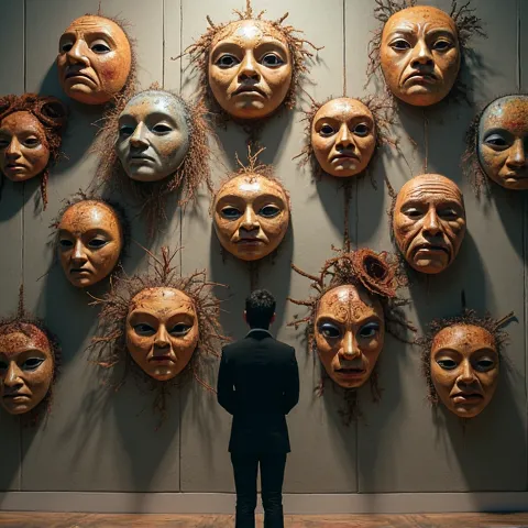 Masks for each of the emotions,  hanging on the wall , Person seeing which one to grab