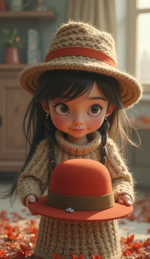 A  girl named Sofia wearing a lead sweater finds a hat with red, with a thin brown band and in the back there is the living room of a blurry apartment.