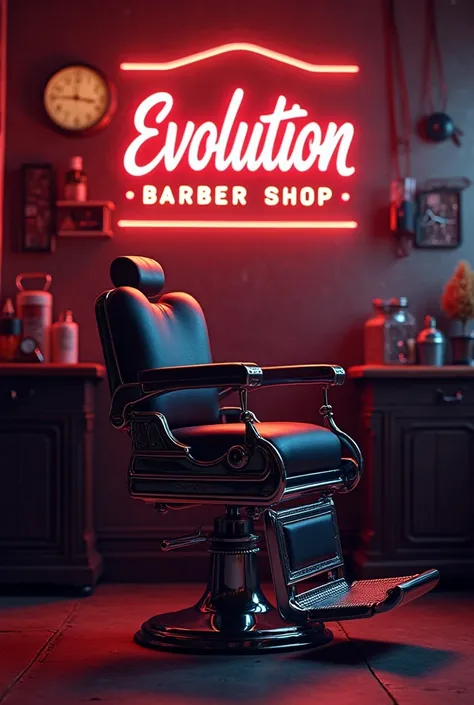 Create a barbershop logo with a barber chair background and neon letters that say Evolution Barber Shop 