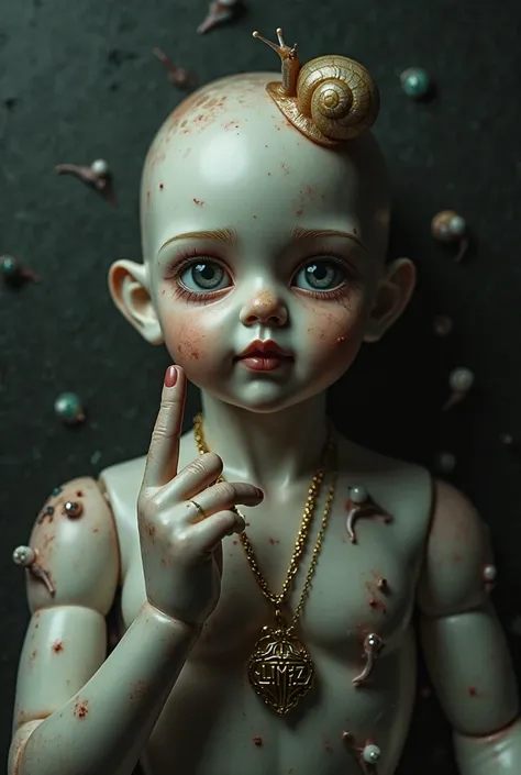 A doll for a trap cover, Moreno with snails and doing a finger in the middle with a gold chain with a pendant that says LIMZZ