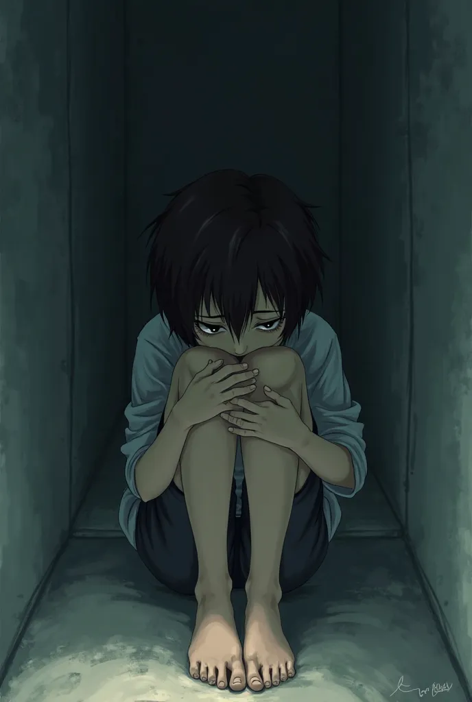 A sad black haired boy huddled in a dark corner. Anime        style.