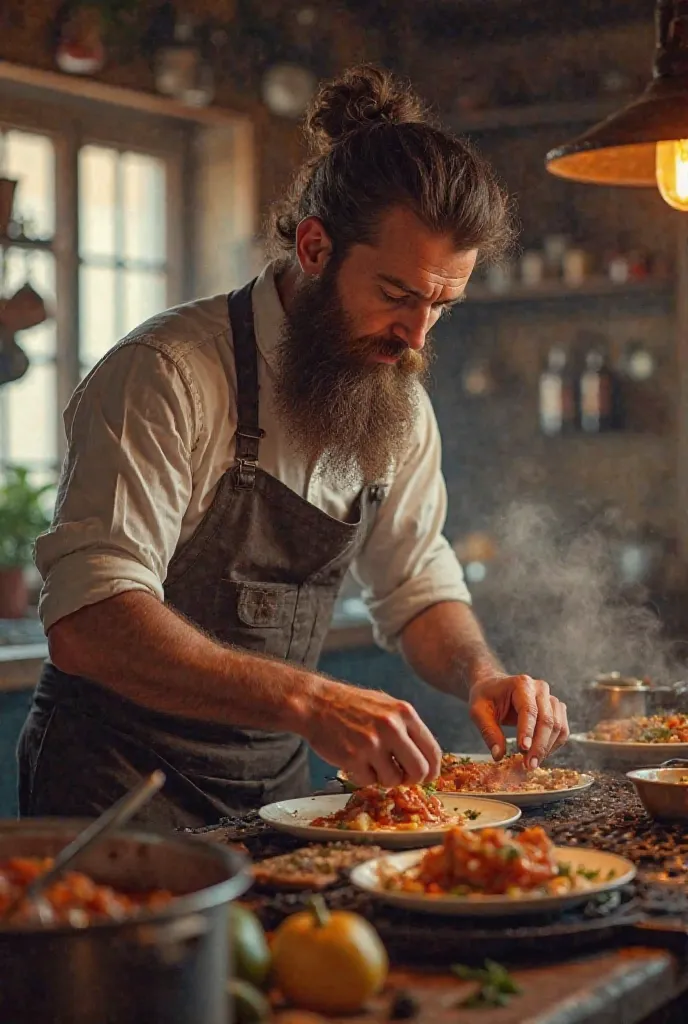 brown-haired man with a beard, cooking 