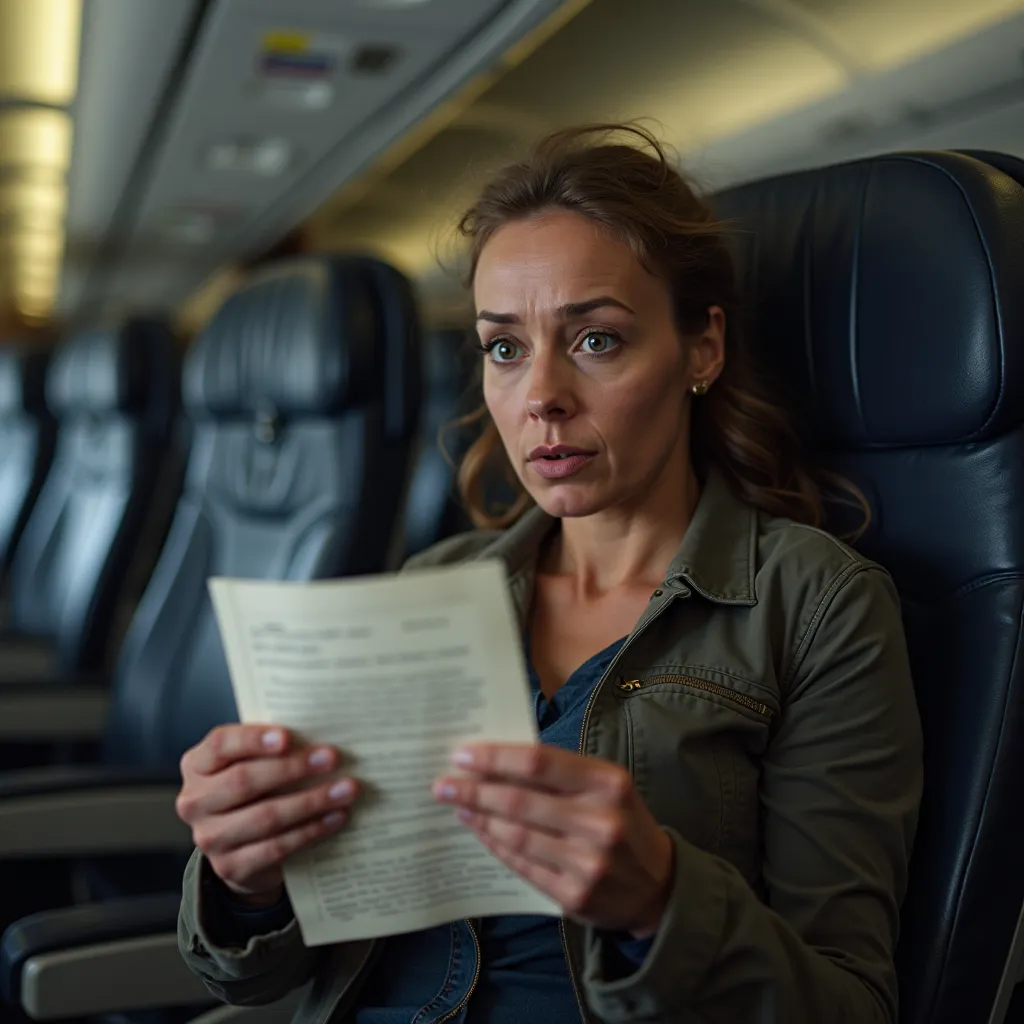 realistic photo, a woman sits on a plane in shock and holds a letter