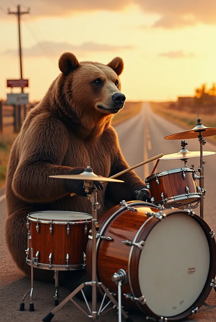 A highly detailed, photorealistic scene of a large brown bear playing a full drum set, sitting on a dusty roadside in the American countryside. The bear has thick, well-groomed fur, deep brown eyes, and a powerful but relaxed posture as it holds a pair of ...