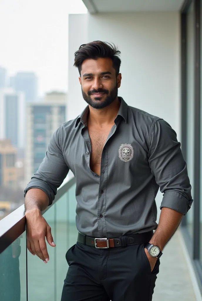 A **fit and muscular South Asian man** with a **light beard**, confident expression, and **well-defined jawline**, leaning casually on a **glass railing balcony** with a relaxed yet commanding presence. His **hairstyle is modern and voluminous**, styled in...