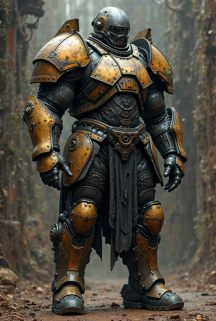 Advanced armour; steel; gritty; full body armour; massive shoulder pauldron; black and gold colour scheme; full body shot