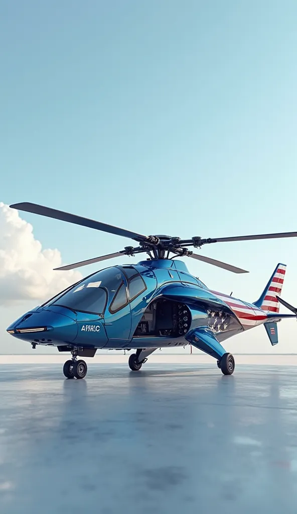 Futuristic aerodynamic helicopter with elegant design and US flag, blue colors, red and white.