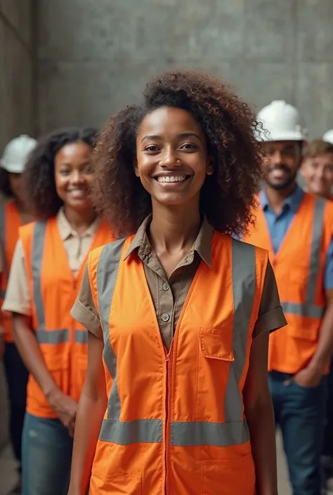 women and men wearing reflective industrial vests, unique, neutral colors, happy, Plain background, realistic. 