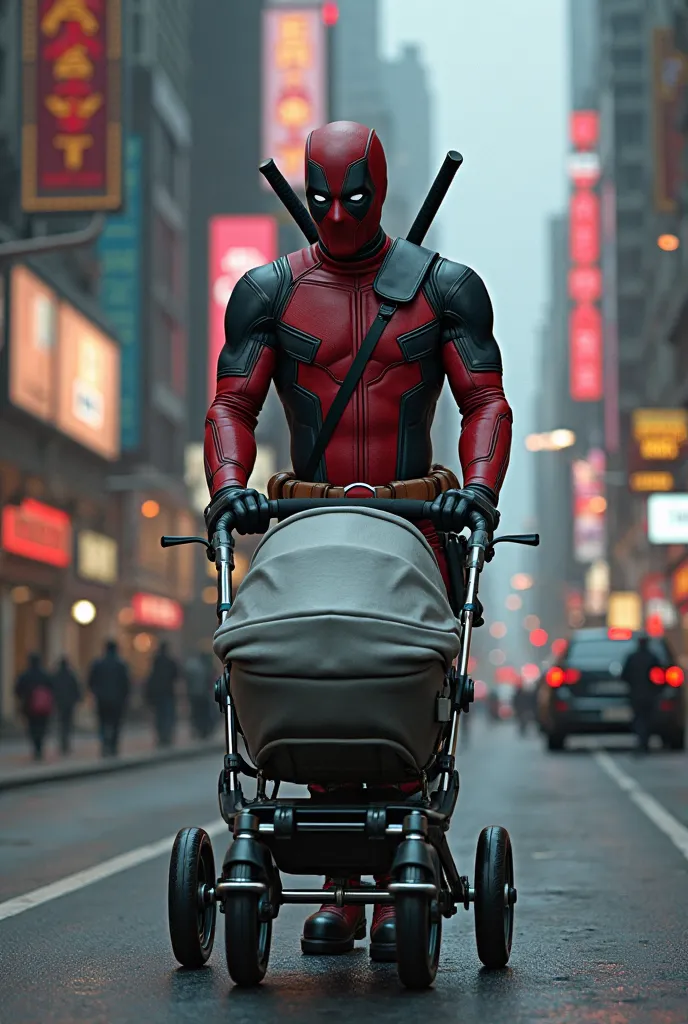  Deadpool with the super-realistic baby carriage next door in the city
