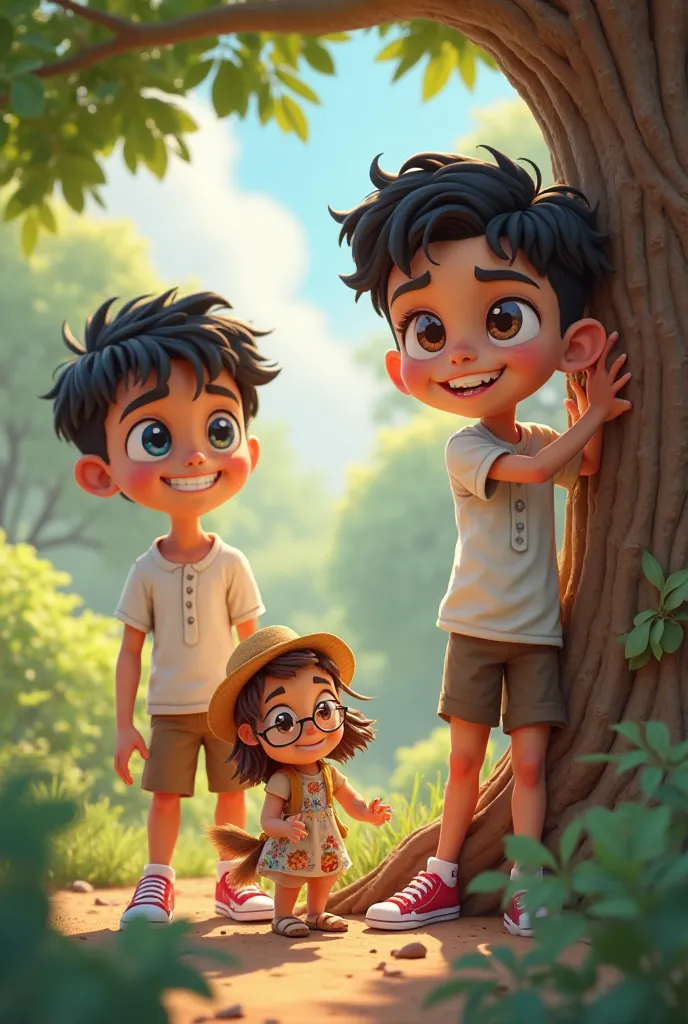 Image size 16,9 Aarav (Boy): A 3D-rendered chibi boy with black hair and big expressive eyes, dressed in a light summer outfit—a short-sleeved t-shirt, shorts, and sneakers. His cheerful expression and relaxed posture complement the bright colors of the su...