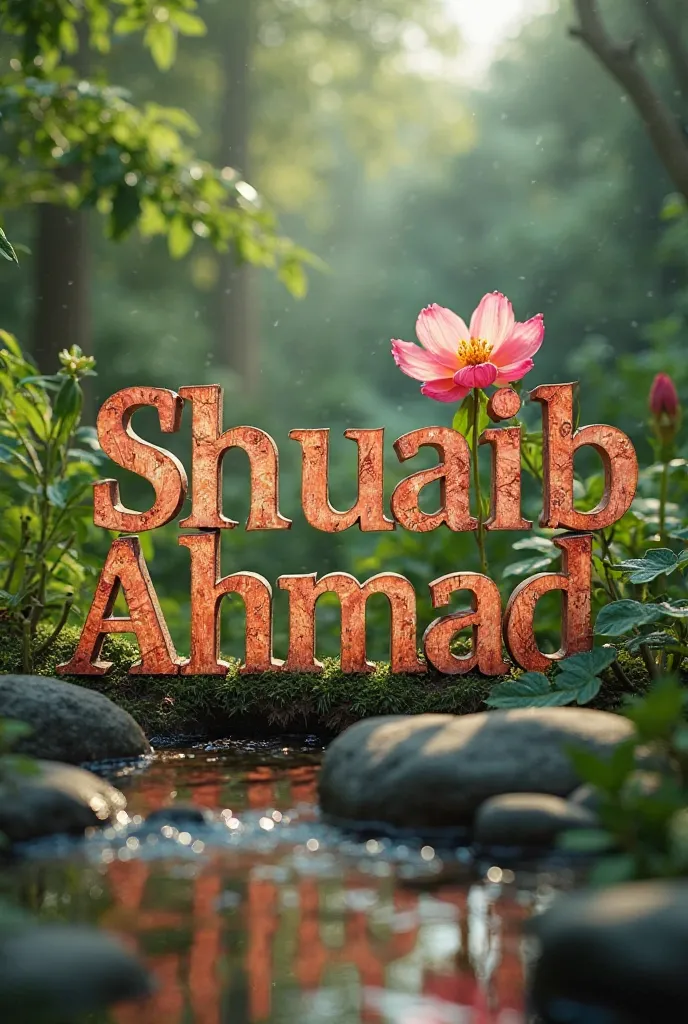 "Shuaib Ahmad" A transparent wooden typography a flower with foliage woods, on light 3D water