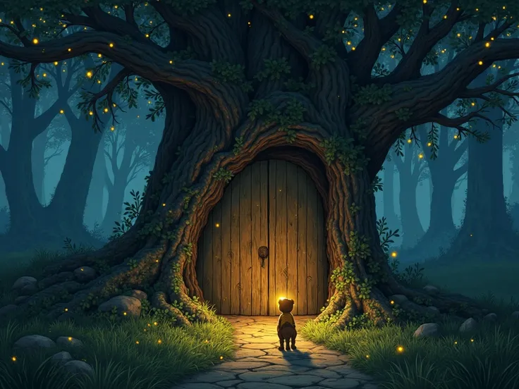 later, The road led them to a giant tree with a wooden door carved into its trunk.  As you approach , the door creaked and opened on its own. inside, a dark tunnel extended like the mouth of a sleeping dragon.

 —Don't worry , Nala (dog). We have the flash...