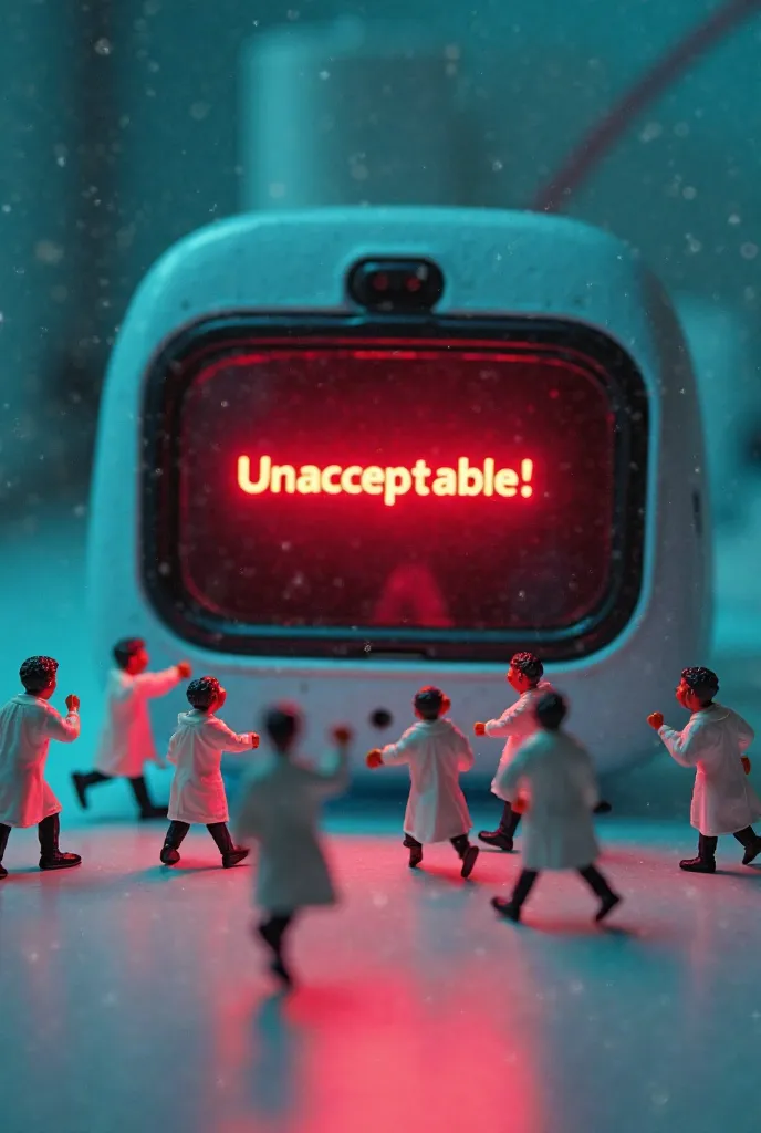 :
"A high-tech smart nose device detecting harmful substances. Tiny figurines dressed as lab scientists are panicking as the screen flashes a red warning sign with the word 'Unacceptable!' in bold letters. Some are running away, while others are pointing a...