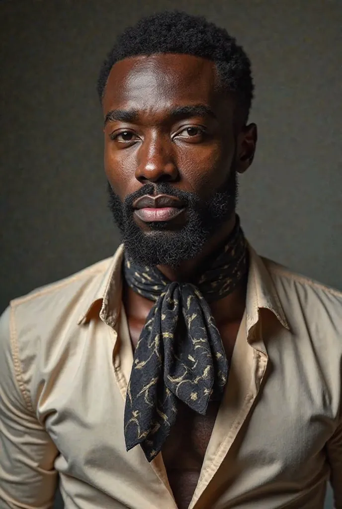 A black man wearing a modern day Ascot, tucked into an open collar shirt 