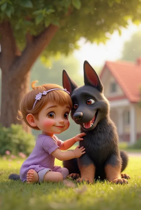 3D cartoon image of a baby with light brown hair, short , white, With brown eyes and a lilac dress cuddling your all-black German shepherd, eles estão sentados em baixo de uma árvore em um quintal com a grama bem verde ao fundo tem uma casa amarela de jane...