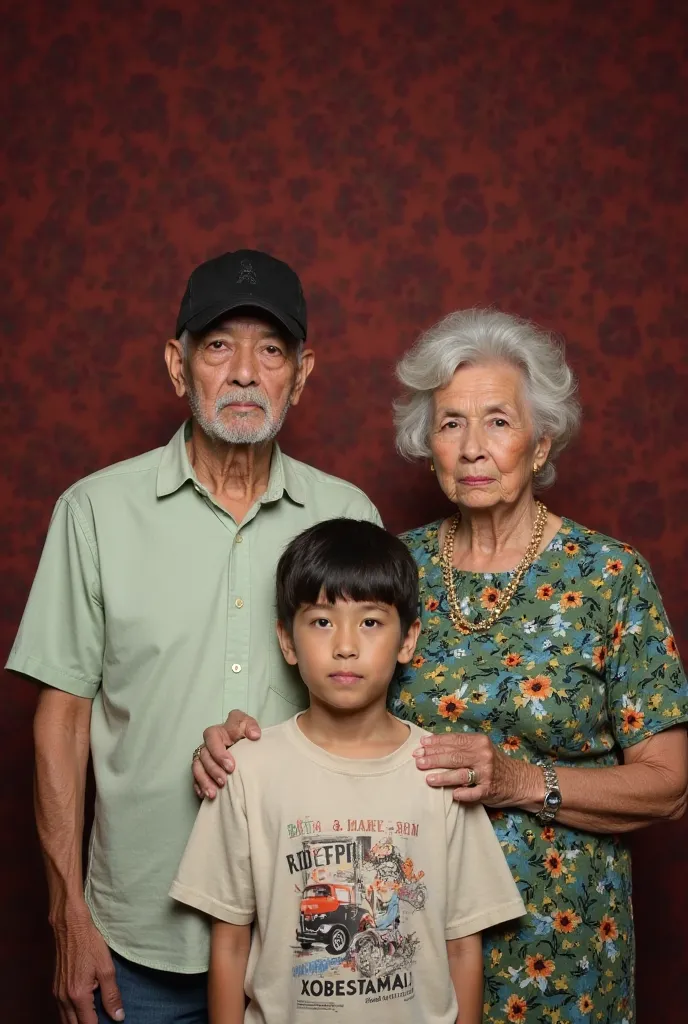 Family portrait on a slightly patterned dark red studio background. Three people stood side by side with calm expressions. An old man wearing a black cap and a light green shirt with a small pattern, had a serious face. An old woman wore a green, blue, and...