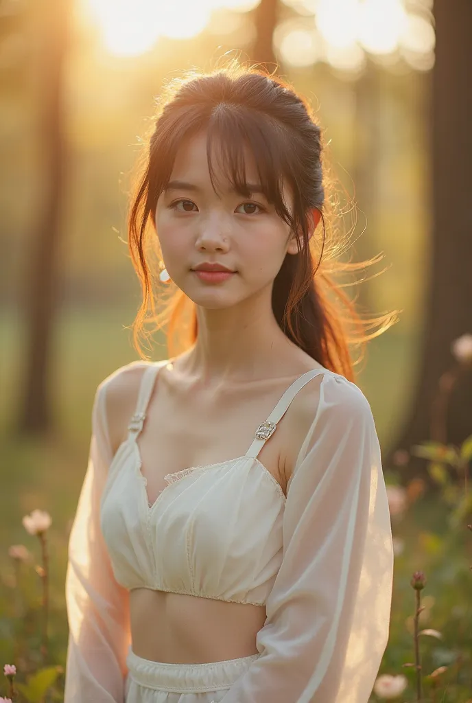 photo réaliste，ultra haute définition，de la plus haute qualité，meilleure qualité，8K，Photos RAW，super détaillé，Résolution ultra-haute，(Incroyablement mignonne vraie fille japonaise)，corps entier，1 personne，Faire face，Tôt le matin dans la forêt，La lumière du...