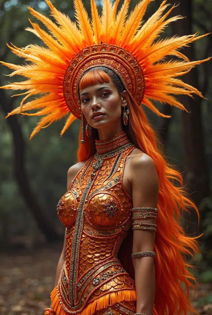 A fantasy carnival costume featuring the colors Orange and Red, inspired by a fictional being called Solaris, The Indigenous Sun God 