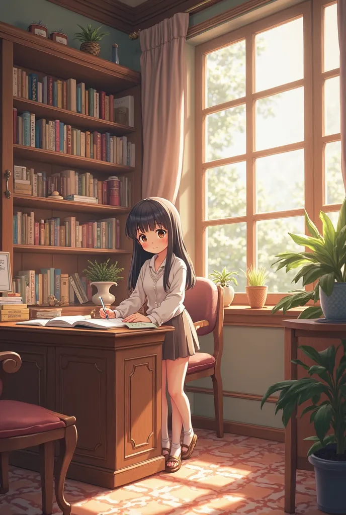 Let a girl who is preparing to work at the desk in the room and get a wide angle photo of the anime character 