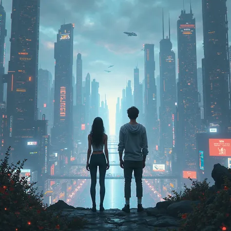 "Dreamy cyberpunk city, woman with wife is staring at the horizon."