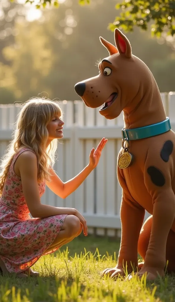 "Taylor Swift" reaching out toward a large realistic "Scooby-Doo." Under a warm afternoon sun, Taylor kneels slightly, smiling as she reaches out to a giant Scooby-Doo, who sniffs her hand curiously. The outdoor setting, with white fencing and gentle green...