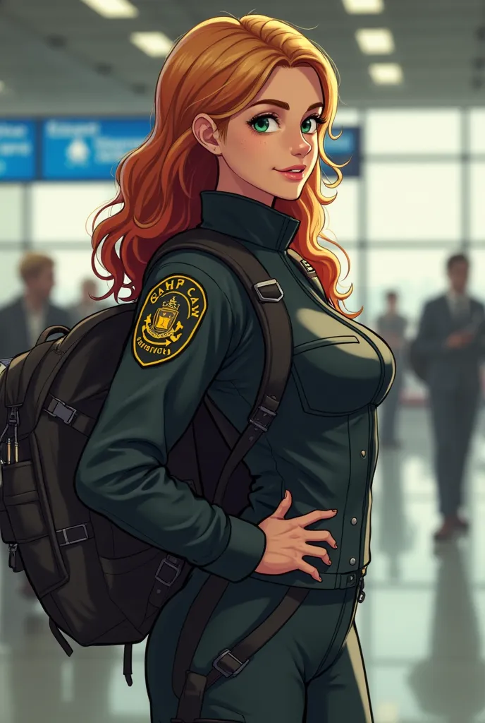 design. Coast Guard is a tall athletic man,  with short blond hair , She wears a black suit , Protecting from , with long and curly red hair ,  with green eyes, freckles. Scenario: airport, backpack, 
