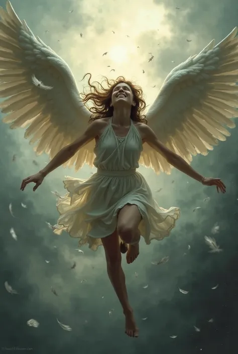 An angel is in a state of uncontrolled free fall, tumbling through the sky with a look of shock and fear. Their wings are spread wide but disheveled, struggling to stabilize. Their arms are flailing, fingers grasping at nothing, while their legs twist awkw...