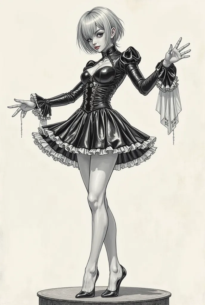 drawing,detailed and meticulous drawing,,latex shiny metallic uniform,manga girl  , short boyish hair,, lots of embellishments and lac         Pose: Ella stands on a raised platform, her bare feet peeking from beneath the hem of her dress. She is forced to...