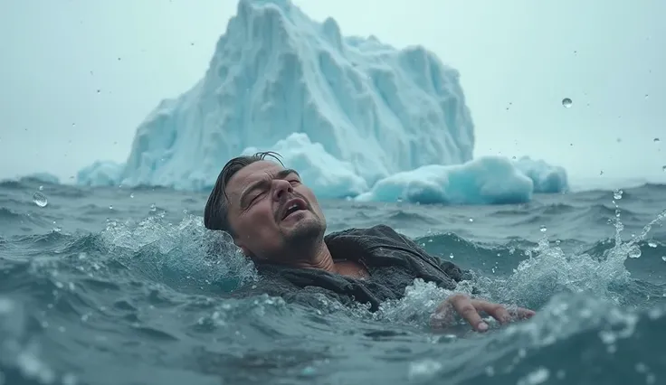 Leonard DiCaprio sinking in frozen ocean, iceberg in background. 