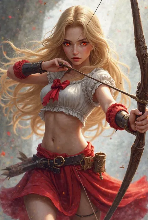 A  with yellow and long hair is red eyes is a red skirt is white is a short red and white blouse with a bow and arrow in her hand with a serious look 