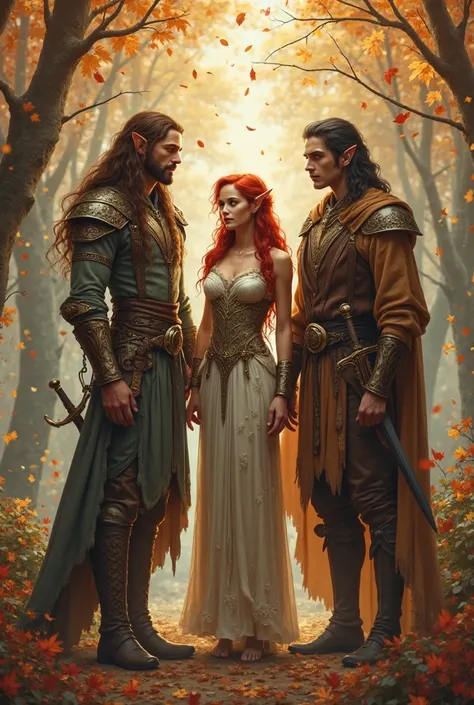 Fantasy art of three elves in a magical autumn forest. Center: tall red-haired female elf, 1.80m, in elegant attire. Right: brown-skinned male elf, 1.83m, strong build, gentle expression. Left: brown-skinned male elf, 1.91m, long hair, carrying ornate swor...