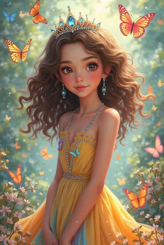 Do the  Izabela with curly hair, A dress,A crown on the head, surrounded by colorful butterflies, Very cute anime style