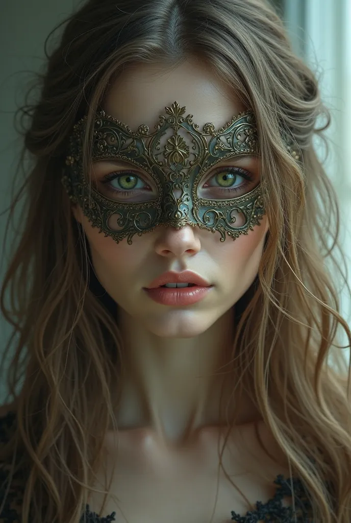 Woman with long light brown hair and green eyes wearing a mask 