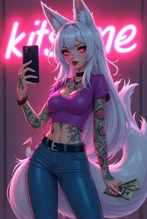 Anime fox woman with nine tails big breasts and small waist white hair very long neon highlights red lips tattoos all over her body voluptuous violet neon t-shirt with neckline blue jeans and black shoes holding a cell phone in one hand in a selfie pose an...