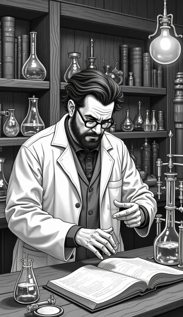 Retro style A black and white image of a scientist in an old laboratory, surrounded by machines and books.DAS EN DIBUJO