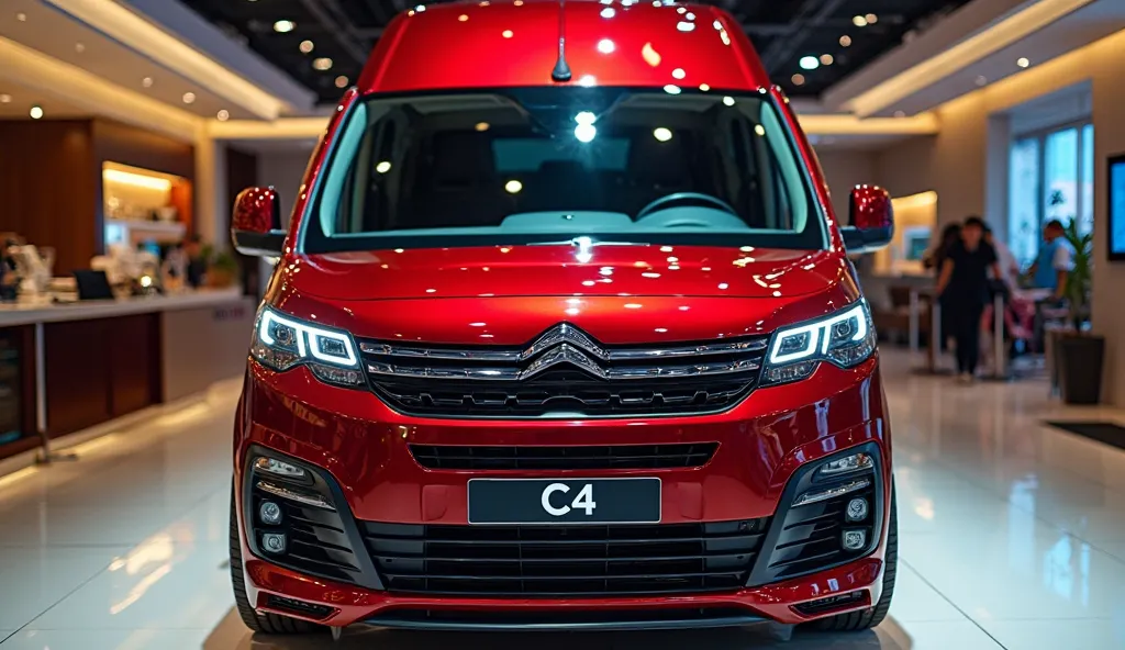 "A luxurious, camera 2025 ( Citroen C4) with a bold and modified design, featuring a (red) shiny polished exterior. In the full(front) view, the van modified front is highlighted, showcasing a custom (front) with an aggressive design. The (front) features ...