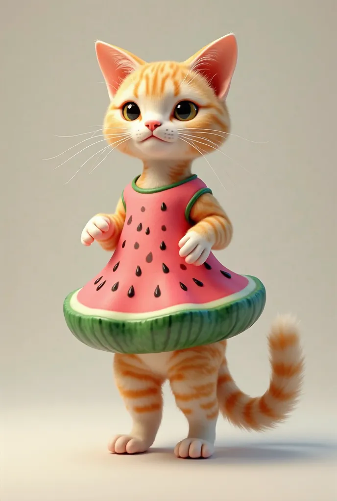 A female cat standing with legs raised in a watermelon dress