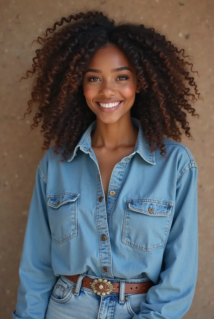 Une belle femme noir avec des cheveux frisés curly très long la femme avec tête shirt bleu et jean qui accueille les gens  souriante qui Acceuil les clients un peu malgache qui tiennt un iPhone 16 pro max, un Samsung et un Redmi 