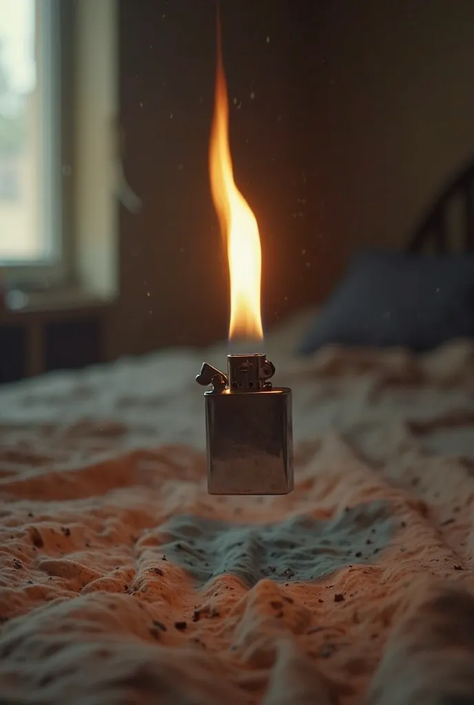 A lighter with a burning flame spun in the air, The lighter has a silver stainless steel color, floating and spinning in the air as if thrown,background in a simple room typical of a messy Palestinian house, very realistic, finest details, very natural, ci...