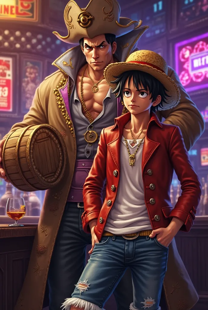 Inside a casino-themed bar, Luffy wears a red leather jacket over a white t-shirt and ripped jeans, with a straw hat styled with gold chains. Behind him, Kaido, gigantic and brutal, wears an embroidered pirate captain's jacket, adorned with metals and purp...