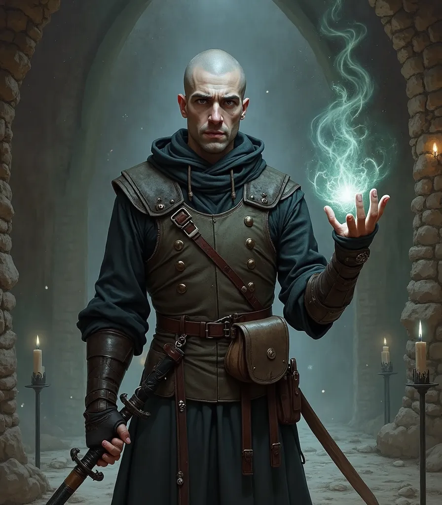 29yo, male, Padded vest armor, rapier in right hadn, leather pouch on belt, shaved head, brunette, pale skin, gray eyes, (magical farm wisp in free hand), dungeon interior, slander body, sullen gloomy face, dark fantasy style