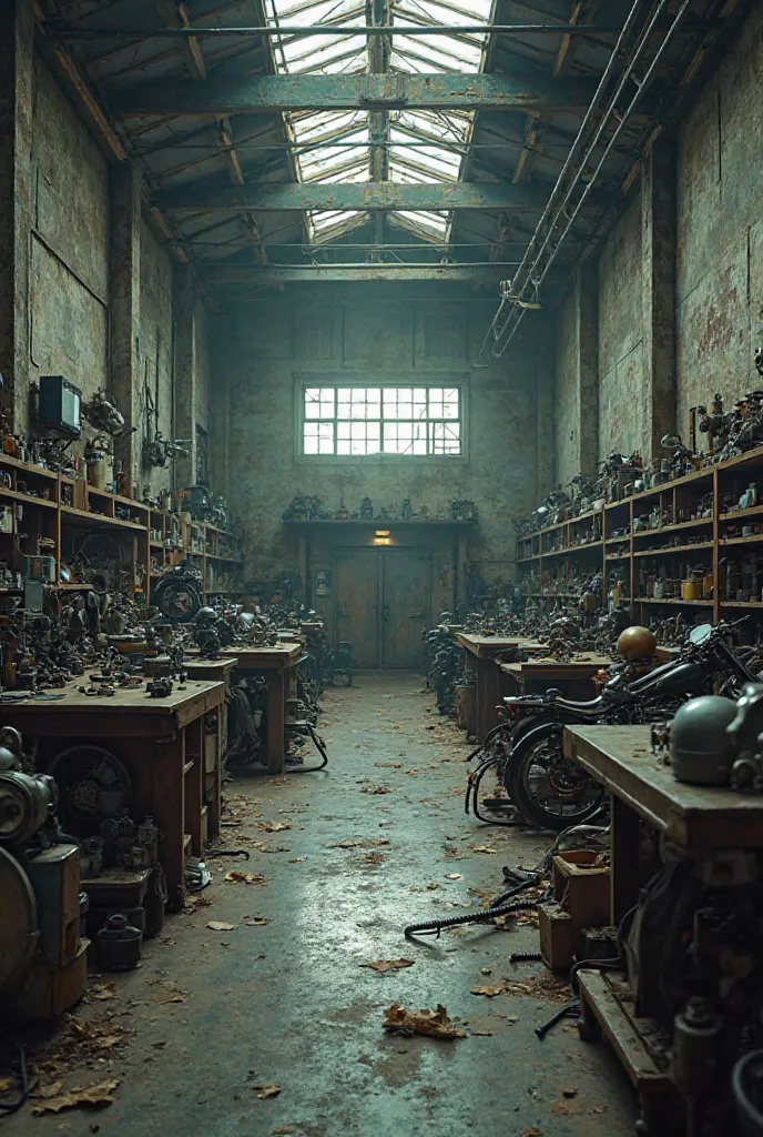 image of a motorcycle workshop WITHOUT MOTORCYCLES, that highlight other elements of the workshop,  like tools , Elevators, etc, on a general plane empty half abandoned closed space where you can't see the outside, image format that looks like a photo