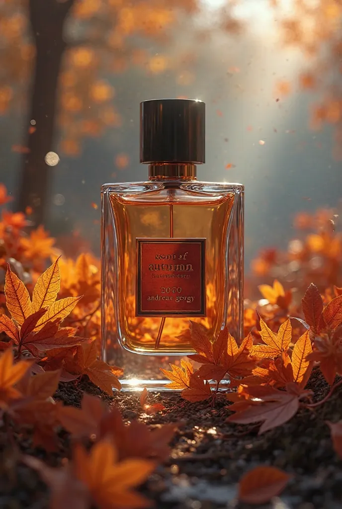 A perfume bottle on a romantic and dramatic autumn background, with more cool tones than warm. The bottle should say "Scent of Autumn" and "Andreea Georgy" as the name of the creator.