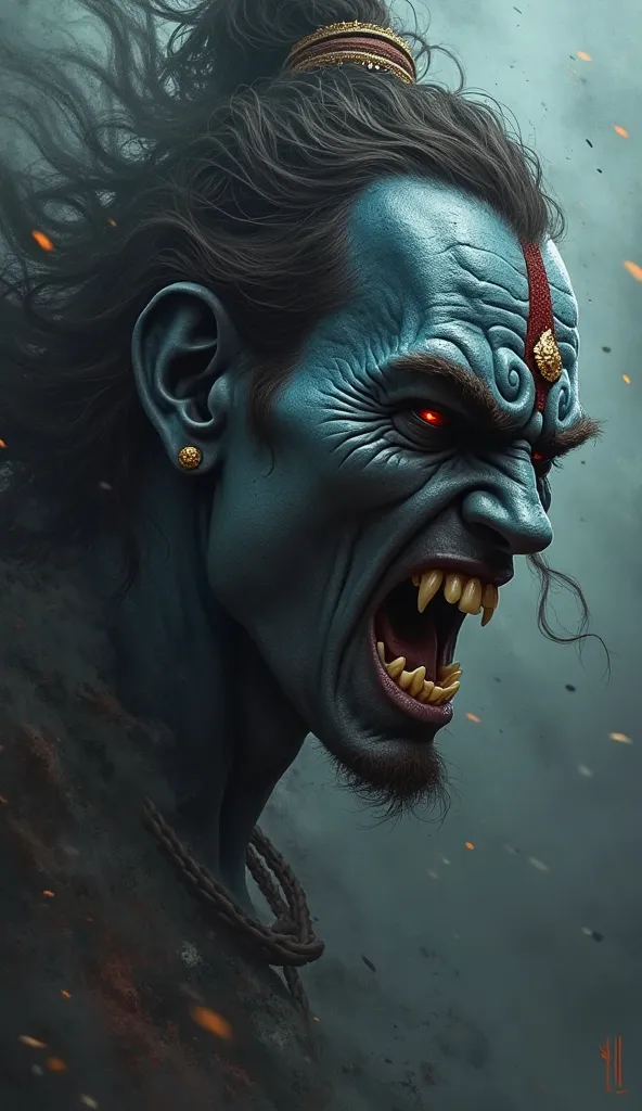 Lord Mahadev aggressive and terrifying face in detail and dark theme