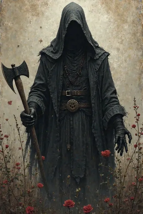 depicts a cultist in a black hood with an axe in his hands in the background. In the foreground is an old mazda.  inscription at the bottom " necromancer " the picture should be kept as minimalistic as possible 