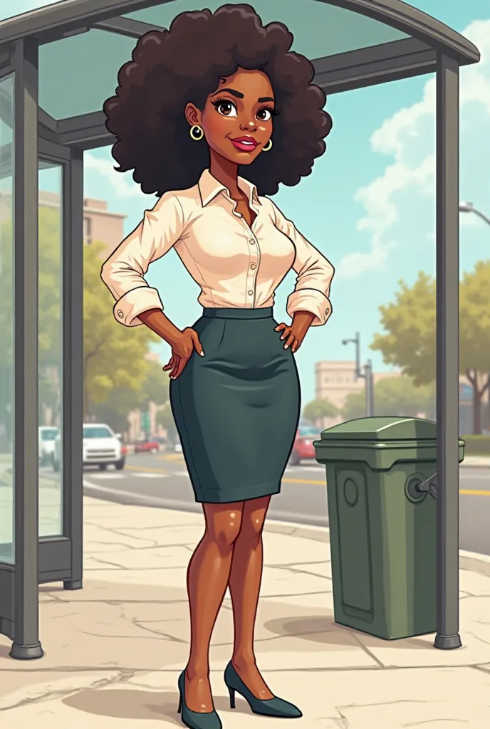 A cartoon Black lady dressed professionally standing by a bus stop